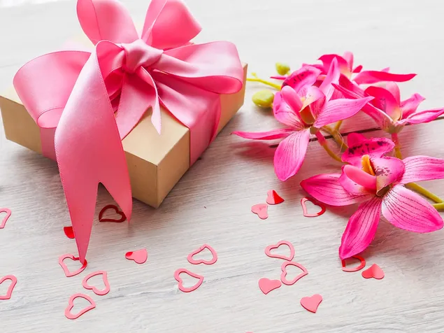 バレンタインデー - ピンクの花とプレゼント