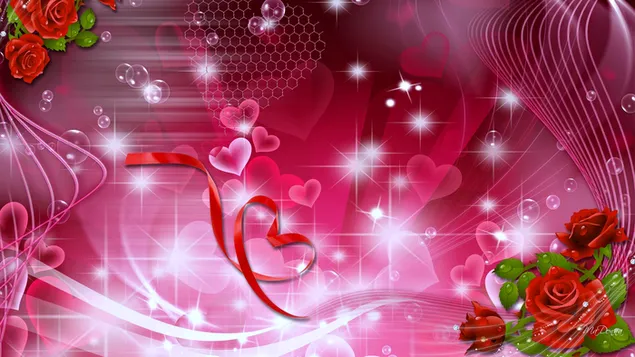 バレンタインデー-芸術的なピンクのハートとバラ