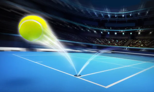 Taustpilt Kiiruseefektiga pesapallipall sinisel tenniseväljaku taustal 4K