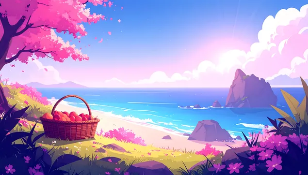 Cesta de frutas en una playa tranquila con el cielo del atardecer de fondo 8K fondo de pantalla