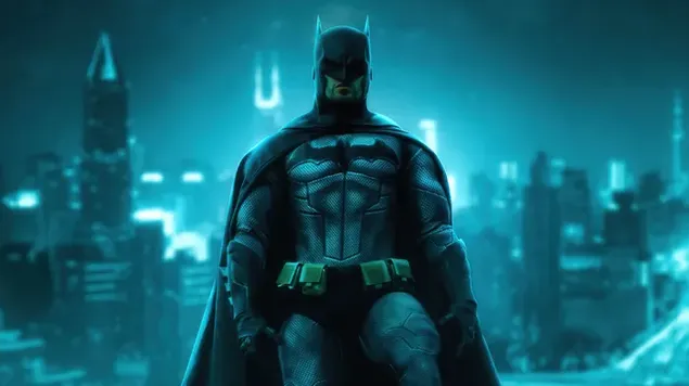 Batman și orașul lui în spatele lui 4K imagine de fundal