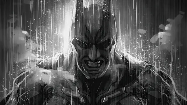 Superhero Batman marah dalam setelan hitam dalam cuaca hujan