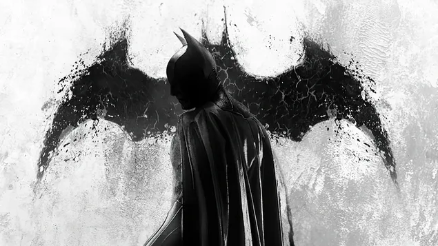 バットマン：彼の側面図と彼の後ろのバットのロゴ