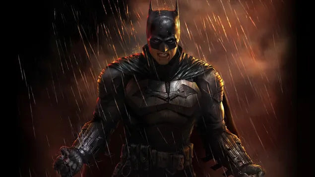バットマン：雨が降っている間、怒った顔をしたバットマン