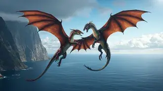 Battle Over the Water: A Confrontation of Two Mighty Dragons Over the Sea HD wallpaper
