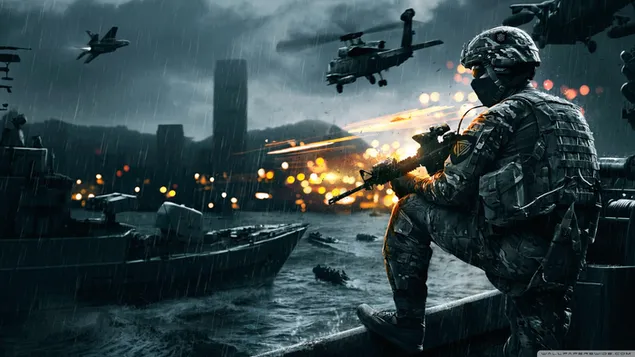 Tapeta Battlefield bitevní scéna video střílečka vrtulník moře a lodě 2K