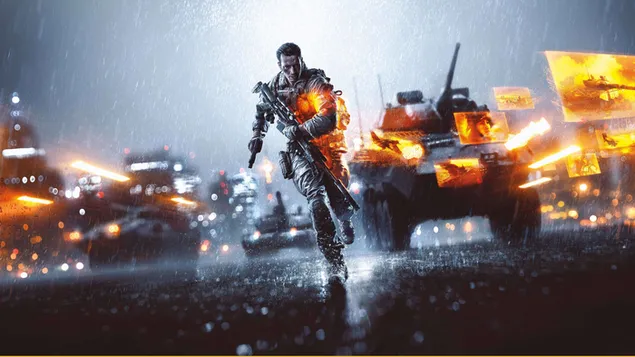 Tapeta Herní postava ze série videoher Battlefield s tanky a zbraněmi 4K