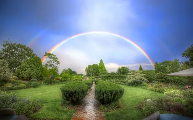 Bäume, Blumen und Regenbogen bildeten sich hinter den Pflanzen in dem wunderschön angelegten Garten