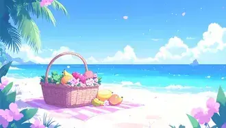 푸른 하늘 아래 과일 바구니와 꽃이 있는 해변 피크닉 8K 배경화면