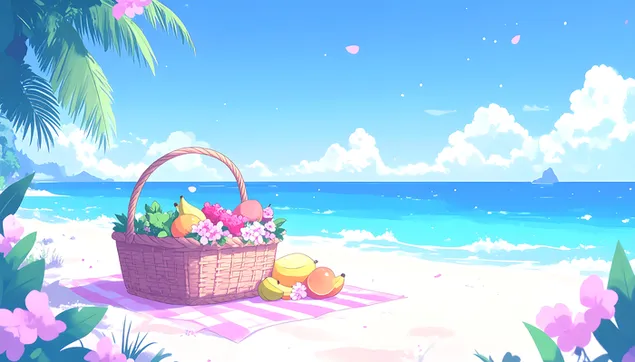Piknik na plaži s korpom voća i cvijećem pod plavim nebom 8K pozadina