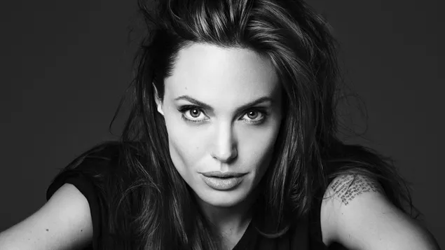 La bella actriu Angelina Jolie posant en blanc i negre 4K fons de pantalla