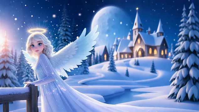 prekrasan andeo s carobnim krilima snijegom prekriven pozadinom zamka preuzmi