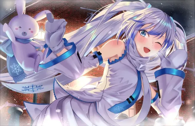 דמות אנימה יפה Hatsune Miku עם שיער לבן ארוך ועיניים כחולות מצטלמת בשמלה לבנה ארוכה 4K טפט