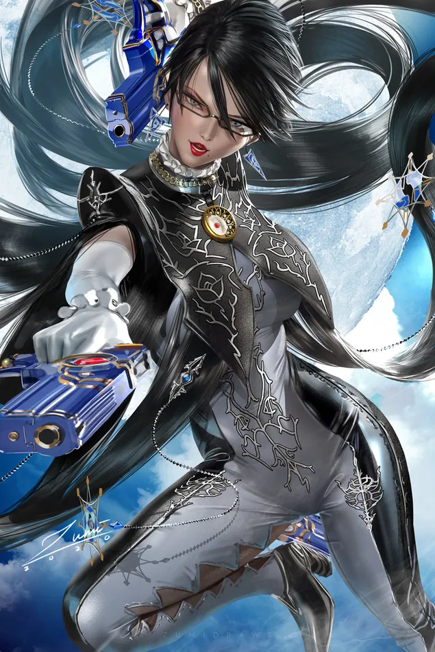 Hermoso personaje de anime con cabello largo y oscuro con pistola 2K fondo de pantalla