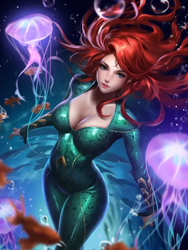 Beautiful anime character woman with red hair in green dress among jellyfish