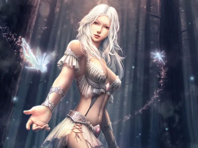 Schönes Anime-Fantasy-Mädchen mit langen weißen Haaren im Wald