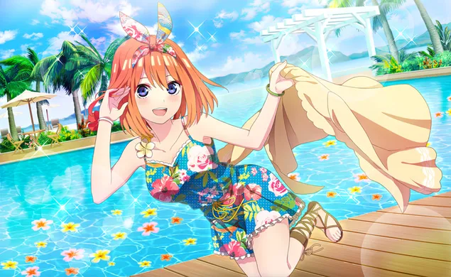 Mooi anime meisje bij het zwembad (The Quintessential Quintuplets) 2K achtergrond