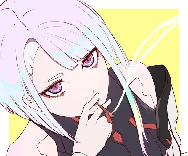 Taustpilt Ilus animetüdruk Cyberpunk Edgerunnersi tegelane, kellel on kollasel taustal suitsetavad roosad juuksed 2K