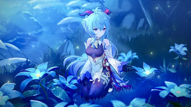 Mooi animemeisje Ganyu alleen in magisch bos midden in de nacht (Ganshin Impact) download