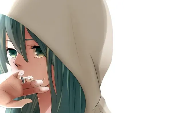 สาวอนิเมะสุดสวย Hatsune Miku กับเสื้อฮู้ดบนผมสีเขียวของเธอ 2K วอลเปเปอร์