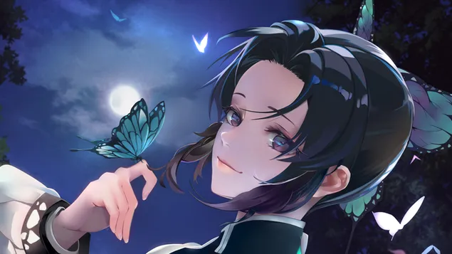 Hình nền Cô gái anime xinh đẹp cầm con bướm trong tay dưới bầu trời đêm với quang cảnh trăng tròn và mây 2K