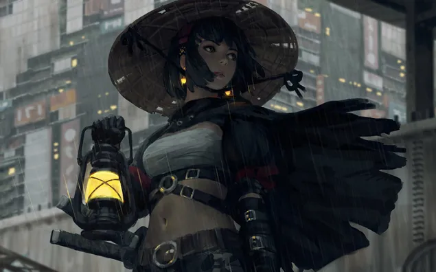 Beautiful anime girl in a hat in the rain with a lantern download