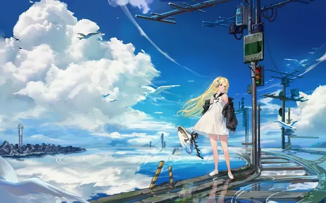 Cô gái xinh đẹp trong anime mặc váy trắng tóc vàng tạo dáng trên đường ray xe lửa và đèn giao thông dưới bầu trời đầy mây
