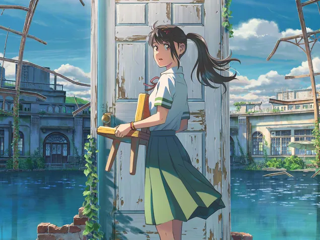 すずめのとじまり アニメ映画のドアの前の美しいアニメの女の子 ダウンロード