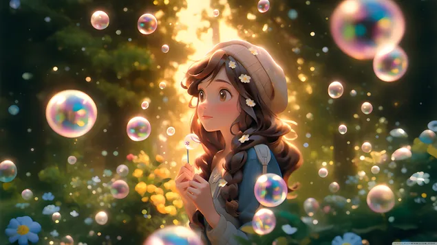 Beautiful anime girl in hat and bubbles download