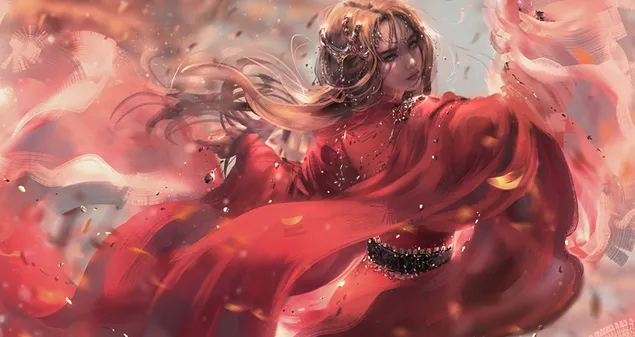 Gadis anime cantik berbaju merah, ikat pinggang cokelat, rambut panjang cokelat dalam warna abstrak yang didominasi merah 4K wallpaper