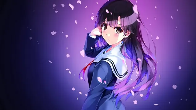 Gadis anime cantik berseragam sekolah di depan latar belakang ungu