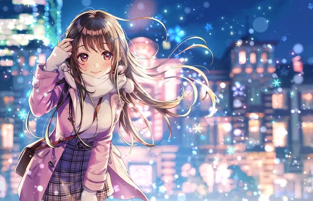 Hermosa chica anime en la ciudad nevada 2K fondo de pantalla