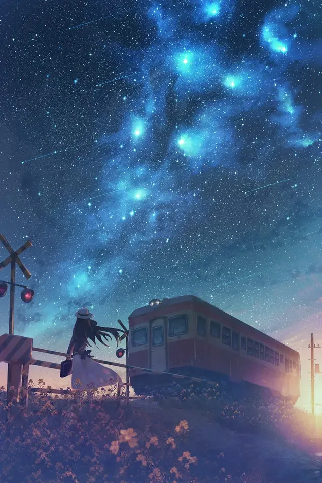 Beautiful anime girl in white hat walking on the train track in the view of shooting stars at night
