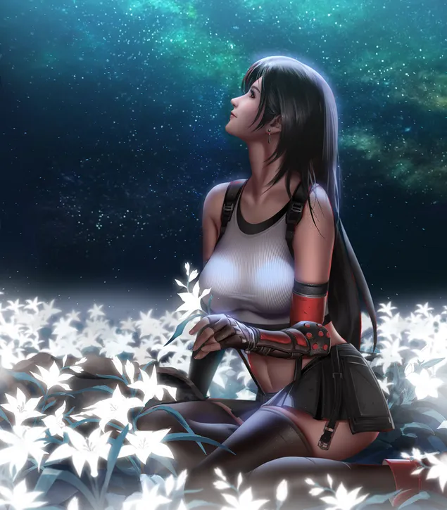 Muat turun Gadis anime cantik dalam pakaian putih dalam skirt mini hitam di antara bunga