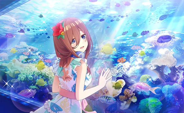 수족관 옆에 있는 아름다운 애니메이션 소녀 2K 배경화면