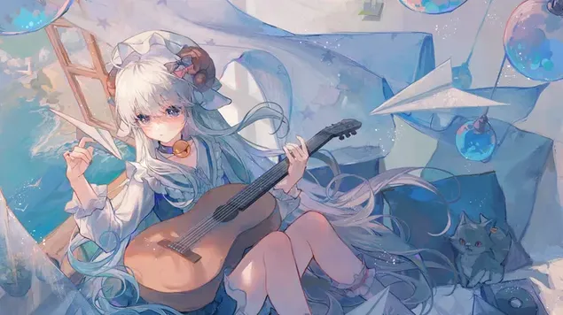 Linda garota anime brincando com facas de papel perto de gato cinza em casa segurando guitarra no colo 4K papel de parede