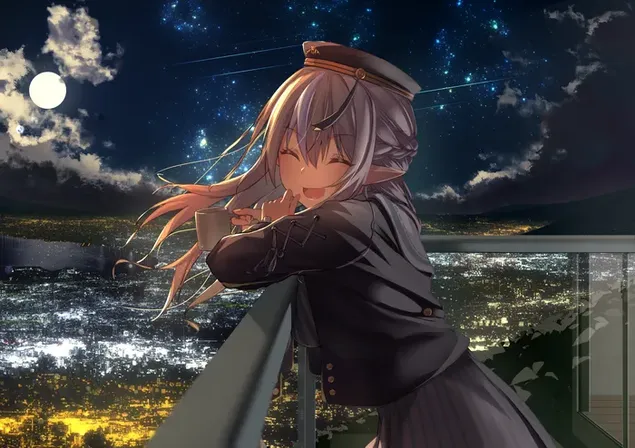 Hermosa chica anime posando con luna llena en un clima nublado nocturno 4K fondo de pantalla