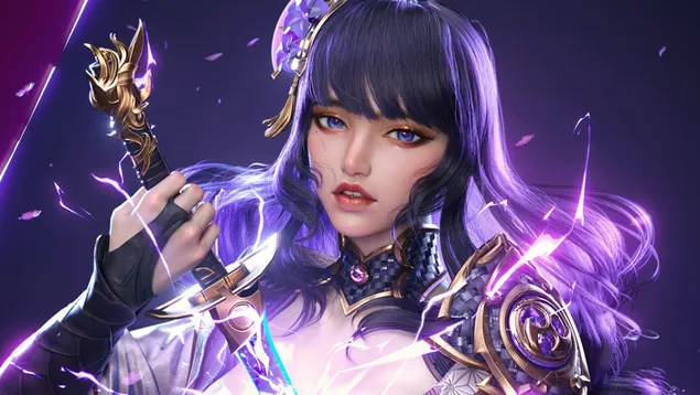 อะนิเมะสาวสวย Raiden Shogun พร้อมดาบ | เก็นชิน อิมแพ็ค HD วอลเปเปอร์