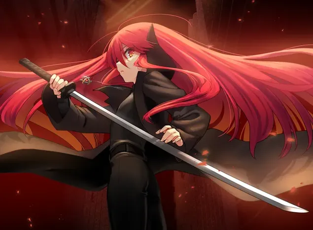 Hermosa chica anime Shakugan No Shana con cabello largo rojo y espada de batalla en la mano HD fondo de pantalla