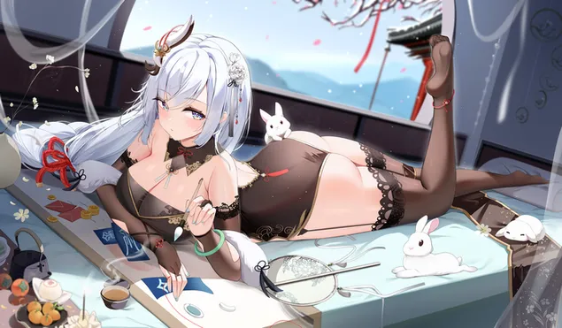 Красивая аниме девушка Shenhe (Genshin Impact) 4K обои