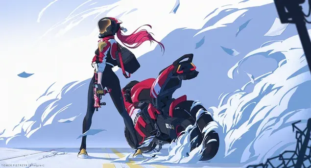 Beautiful anime girl standing next to motorcycle in snowy field download