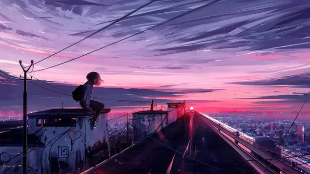 Beautiful anime girl watching beautiful view of sunset and clouds