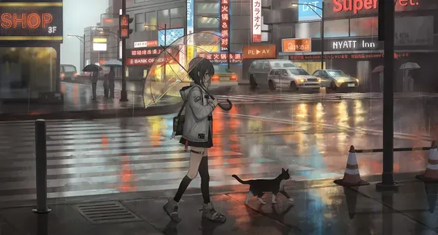 Beautiful anime girl with an umbrella and her black download