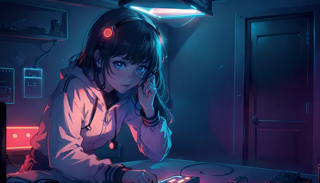 Graži anime mergina mėlynomis akimis 4K ekrano užsklanda