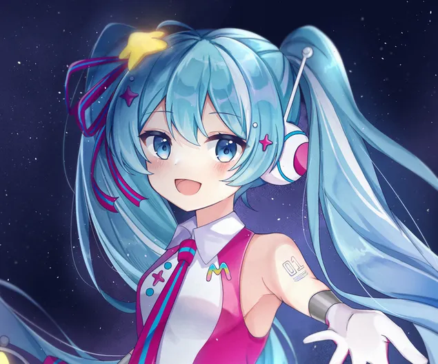 Прекрасна аниме девојка со сина коса и сини очи во розова и бела облека во ѕвездената ноќ 2K тапет