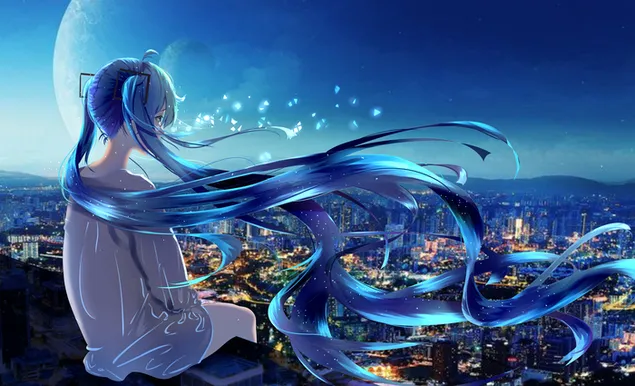 Gadis anime cantik dengan rambut biru, pemandangan kota unduhan