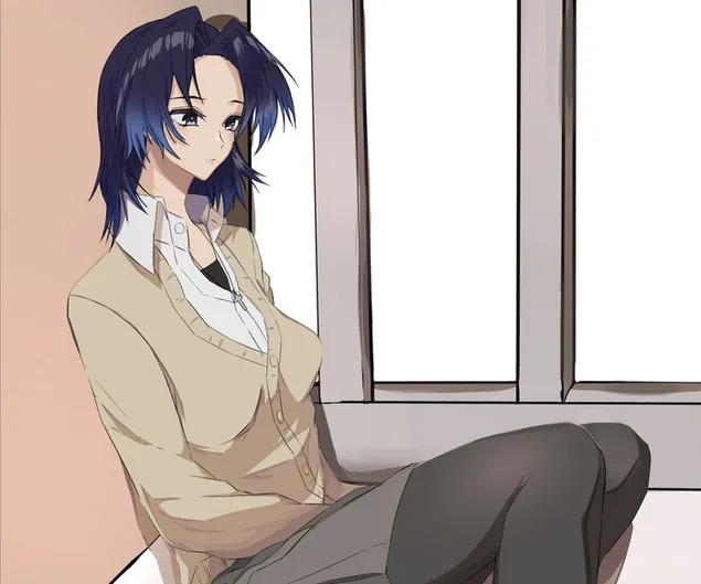 Gadis anime cantik dengan rambut biru, kardigan krem, kemeja putih, jaket abu-abu dan stoking hitam duduk di dekat jendela unduhan