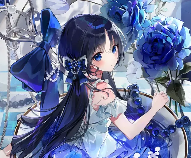 Cô gái anime xinh đẹp với mái tóc dài màu xanh và đôi mắt xanh tạo dáng giữa những bông hoa màu xanh tải xuống