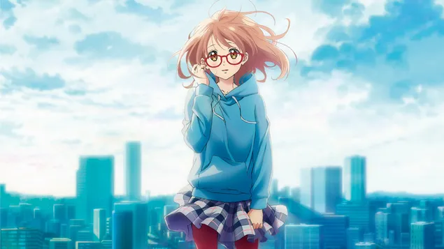 Beautiful anime girl with brown hair and red glasses download