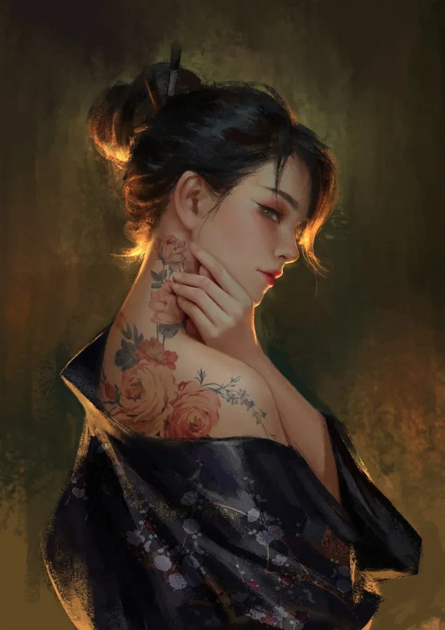 Beautiful anime girl with bun hair tattooed on her hand on her chin download